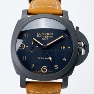 Luminor 1950 3 Days GMT Automatic Ceramica watch with a black dial, brown leather strap, and ceramic case (44mm).