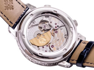 Close-up of the Celestial Stainless Steel watch's intricate mechanical back with visible gold and silver movement details.
