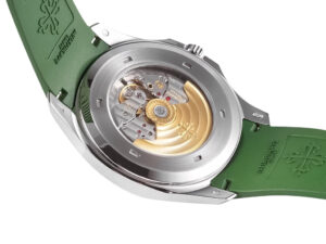 View of the back case of the Aquanaut Stainless Steel ‘Jumbo’ with Green Dial (42mm), showing intricate automatic movement.