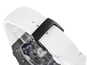 Close-up of the RM 35-02 Rafa watch with a white rubber strap, black bezel, red markers, and visible movement details.