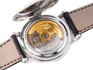 Back view of the Calatrava Stainless Steel watch (38mm) displaying its intricate silver guilloche dial and exposed movement.