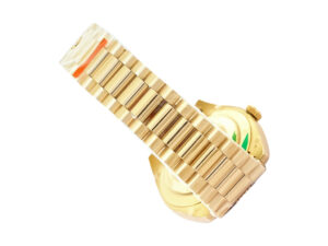 Day-Date 40 Yellow Gold ‘President’ watch with Champagne Diamond Dial, Fluted Bezel, and gold bracelet shown from the back.
