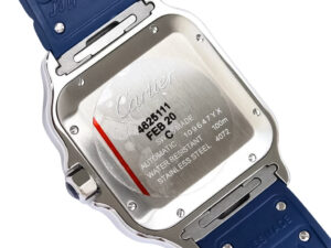 Back view of Santos Large Stainless Steel watch with white dial, blue bezel, and rubber strap; engraved specifications.