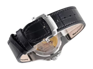 Rear view of the Nautilus Stainless Steel watch with grey dial, showcasing black leather strap and polished buckle detailing.