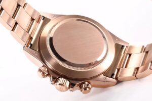 Back view of the Cosmograph Daytona Rose Gold ‘Rainbow’ watch with a polished rose gold case and bracelet.