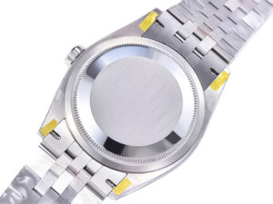 Back view of the Datejust 36 Stainless Steel on Jubilee bracelet, showcasing the polished case back and fluted bezel edges.