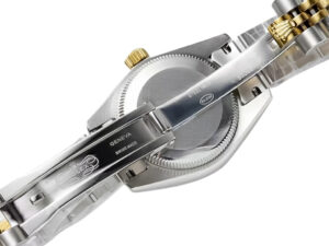 Back view of the Lady-Datejust 28 Two Tone Yellow Gold on Jubilee bracelet, showcasing clasp details and case back.