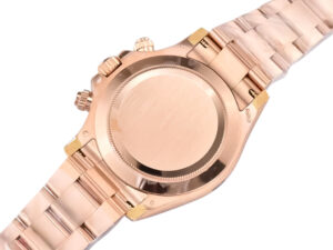 Back view of the Cosmograph Daytona Rose Gold watch showing its polished case back and rose gold oyster bracelet.