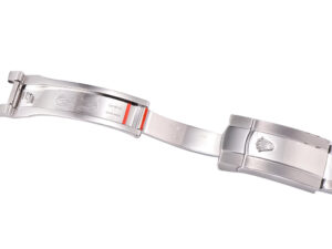 Open clasp view of the Datejust 41 Stainless Steel Oyster bracelet, featuring craftsmanship and engraved brand detailing.