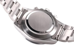 Back view of the Cosmograph Daytona Stainless Steel 'Rainbow', showcasing stainless steel case and bracelet.