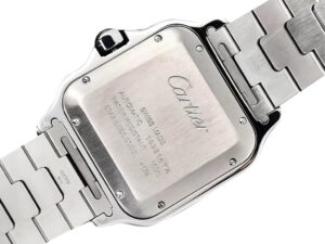 Back view of the Santos Large Stainless Steel with Blue Dial (40mm) showcasing the engraved details on stainless steel case.