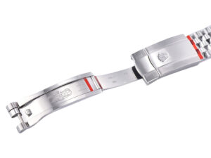 Close-up of the clasp on the Jubilee bracelet of the Datejust 36 Stainless Steel with Silver Dial and Fluted Bezel.