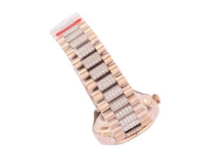 Day-Date 36 Rose Gold 'President' watch with diamond mother of pearl dial, diamond bezel, and elegant bracelet design.