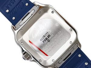 Back view of Santos Large Stainless Steel watch with blue rubber strap, showcasing engraved details and polished finish.