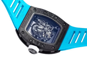 Back view of the RM055 Bubba Watson watch, showcasing its intricate mechanism, black bezel, and blue rubber strap.