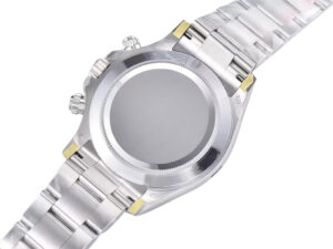 Back view of the Cosmograph Daytona Stainless Steel with Grey Sunburst Dial, showcasing its polished bracelet and case back.