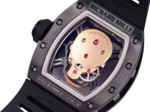 Back view of RM 52-01 Skull Tourbillon a gold skull-shaped movement, surrounded by black casing and black rubber strap.