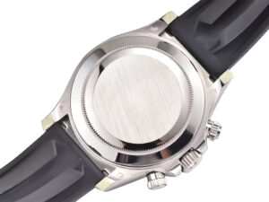 Back view of the Cosmograph Daytona Stainless Steel Oysterflex with Diamond Black Dial, showcasing case and black strap.
