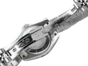 Back view of the Lady-Datejust 28 Stainless Steel on Jubilee bracelet, showcasing the clasp with engraved branding details.