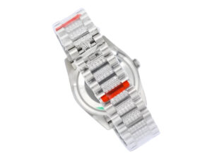 Day-Date 36 Stainless Steel 'President' watch with diamond-adorned bracelet, viewed from the back showcasing the clasp.