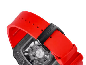 Close-up of the RM 35-02 Rafa with a black bezel, red markers, and vibrant red rubber strap featuring the Richard Mille logo.