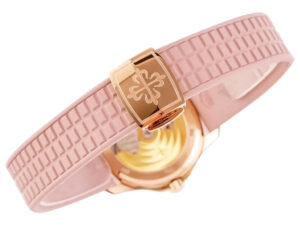 Pink strap and rose gold clasp of the Aquanaut Luce Haute Joaillerie Rose Gold Diamond Pink watch, intricate detailing.