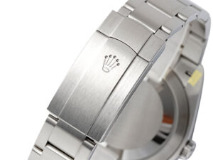 Close-up of the stainless steel clasp featuring an engraved logo on the Oyster Perpetual 41 with Green Dial wristwatch.