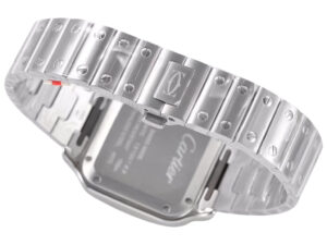 Stainless steel bracelet and clasp of the Santos Medium Stainless Steel with White Dial (35mm), showcasing craftsmanship.