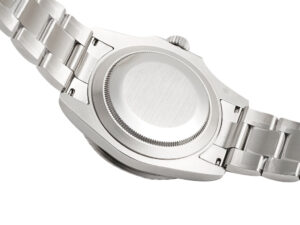 Back view of the Submariner Date Stainless Steel with Black Dial (41mm), showcasing its case back & stainless steel bracelet.