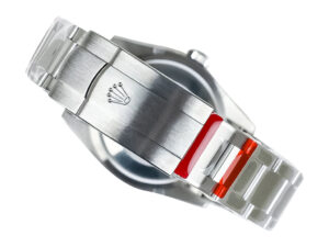 Rear view of the Oyster Perpetual 36 Stainless Steel watch clasp, showcasing intricate detailing and polished finish.
