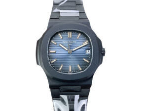 Nautilus ‘Black Venom’ Limited Edition Carbon Steel watch with blue dial, 40mm case, and sleek black-and-white strap.