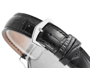 Close-up of the black leather strap with a stainless steel buckle on the Calatrava Stainless Steel with Black Dial (39mm).