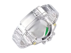 Rear view of the Cosmograph Daytona Stainless Steel watch showcasing its polished bracelet and engraved clasp.