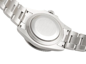 Back view of the Submariner Date Stainless Steel 'Starbucks' (41mm) showcasing brushed caseback and stainless steel bracelet.