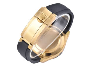 Back view of the Cosmograph Daytona Yellow Gold Oysterflex watch showcasing its gold clasp and black rubber strap.