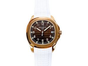 Aquanaut Rose Gold watch with chocolate dial, white strap, and 40mm casing displayed on a product page.