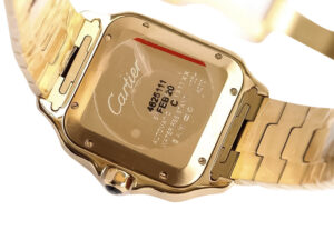 Back view of the Santos Large Yellow Gold with White Dial (40mm) showing engravings and details on gold case and bracelet.