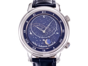 Celestial Stainless Steel watch with a blue dial featuring starry sky design, Roman numerals, and black leather strap.