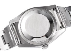 Back view of the Oyster Perpetual 36 Stainless Steel watch showcasing its brushed case back and stainless steel bracelet.