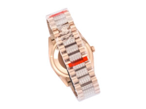 Day-Date 36 Rose Gold ‘President’ watch featuring a diamond Mother of Pearl dial, diamond bezel, and elegant bracelet.