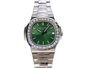 Nautilus Stainless Steel Watch with Green Dial, Diamond Bezel (40mm), and a polished steel bracelet.