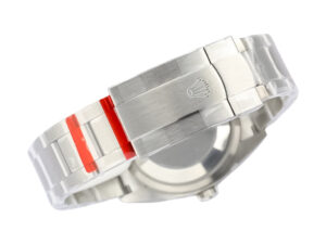 Stainless steel Oyster Perpetual 36 clasp with polished finish, featuring the iconic logo and red protective stickers.