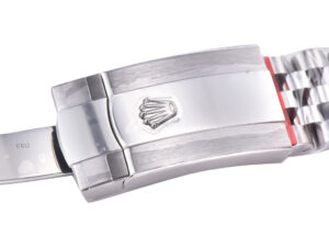 Close-up of the clasp on the Jubilee bracelet of the Datejust 36 Stainless Steel watch, featuring engraved Rolex crown logo.