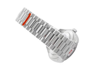 Day-Date 40 White Gold ‘President’ watch with a grey dial, fluted bezel, and polished silver bracelet, rear view.