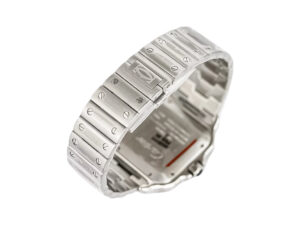 Back view of the Santos Large Stainless Steel watch, featuring a polished metal bracelet with screw details, clasp mechanism.