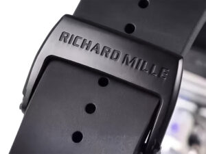 Close-up of the black rubber strap with "RICHARD MILLE" embossed, featured on the RM 52-01 Skull Tourbillon (50mm) watch.