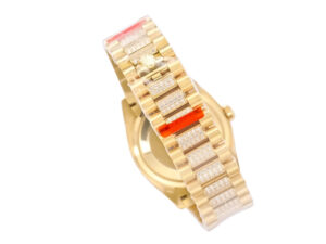 Day-Date 36 Yellow Gold 'President' watch with diamond-encrusted bracelet, white dial, and diamond bezel.