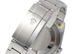 Close-up of the stainless steel bracelet clasp featuring the iconic crown logo on the Oyster Perpetual 41 Black Dial watch.