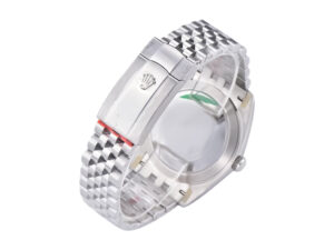 Back view of the Datejust 41 Stainless Steel on Jubilee bracelet, showcasing clasp with Rolex crown logo and polished links.