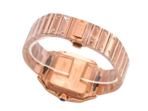 Back view of the Santos Medium Rose Gold watch with a white dial, highlighting its rose gold bracelet and clasp design.